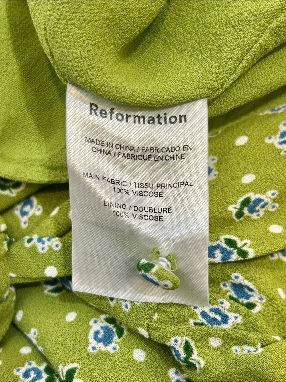 Reformation Nell V-Neck Button-Up Floral Blouse in Lime/Green - Size Small